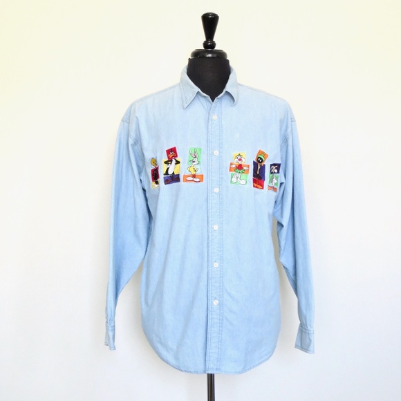 VINTAGE 90's Warner Bros Looney Tunes Chambray Shirt Embroidered Button Front XL - Picture 4 of 10